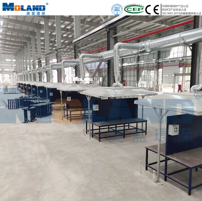 hood suction dust collection system, fixed welding station fume extraction, overhead capture hood welding, quadrangular frustum hood design, 45-degree hood angle, thermal buoyancy fume capture